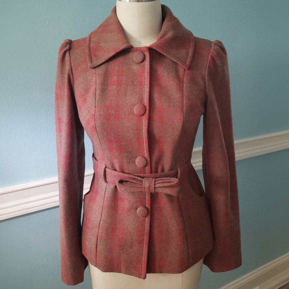 TULLE Brand tweed blazer jacket sz Med red cocoa Anthropologie belted bow EUC